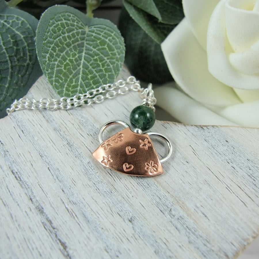 Angel Necklace. Sterling Silver and Copper with Moss Agate