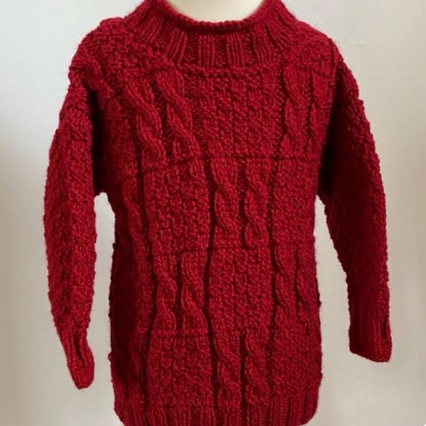 Hand Knitted Childs Aran Weight Wool Blend Jumper to Fit Age 2 - 3 years