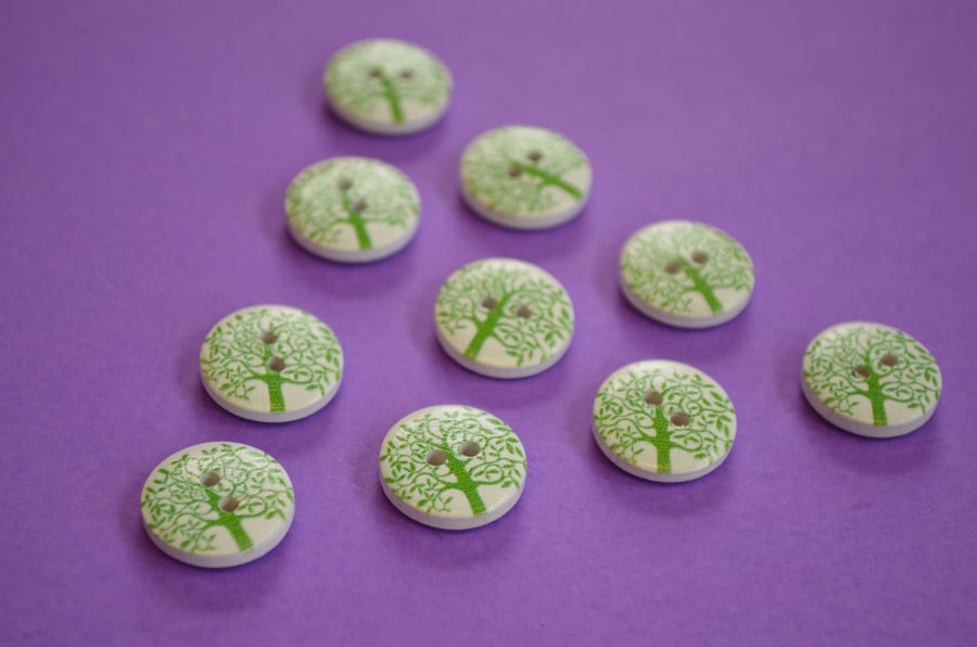 15mm Wooden Tree Buttons Green White 10pk Leaves (ST12)