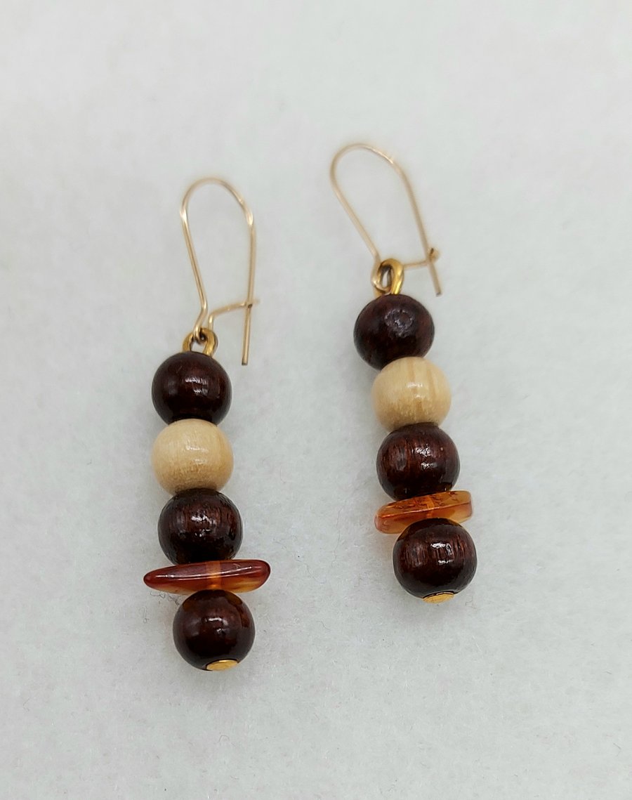 Dainty Baltic Amber & Wood Beads Drop Earrings