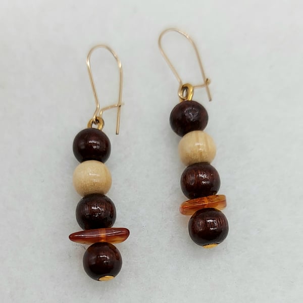 Dainty Baltic Amber & Wood Beads Drop Earrings