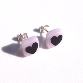 Love Heart Earrings Fused Glass with Black Screen Printed Kiln Fired Enamel