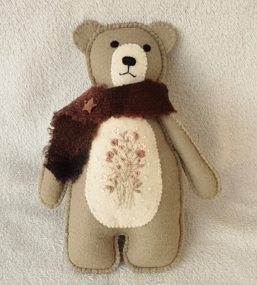 Hand sewn teddy bear in Scandi style, handmade woodland embroidered bear