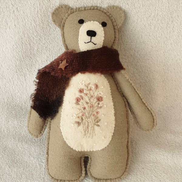 Hand sewn teddy bear in Scandi style, handmade woodland embroidered bear