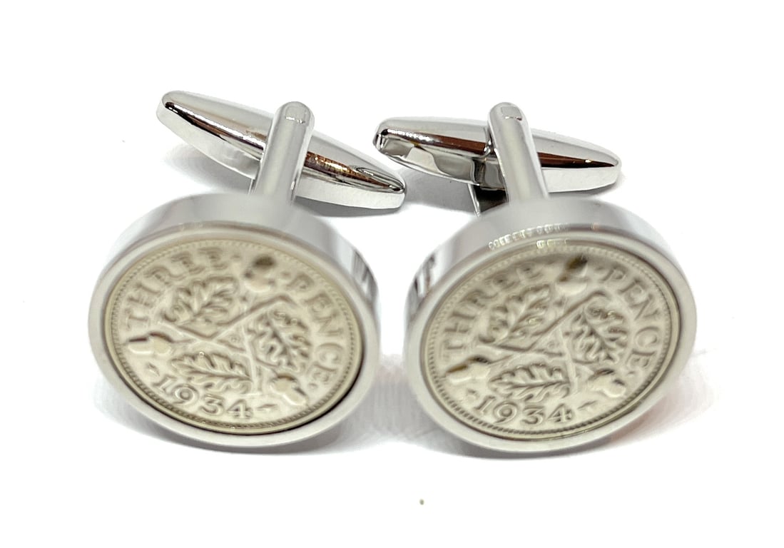 1934 Silver Threepence Cufflinks 91st birthday. Original Silver threepence coin