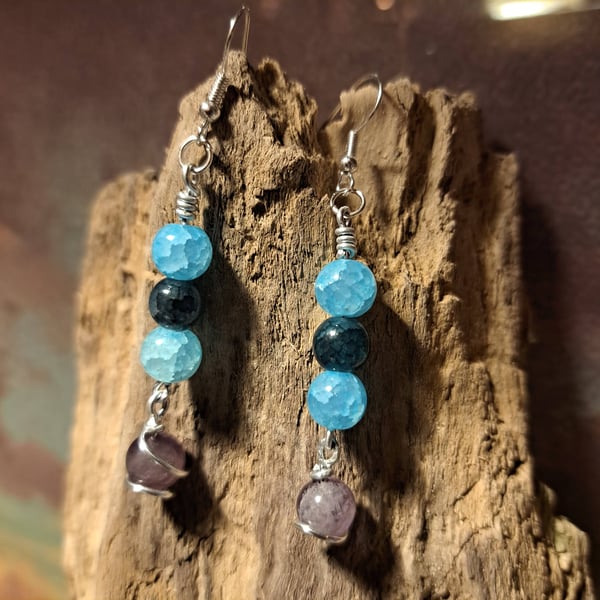 Wire-Wrapped Dangle Earrings with Sky Blue, Green and Purple Crackle Glass Beads