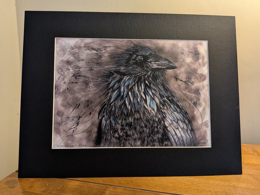 Windswept Raven, an A4 or A3 signed print of an original drawing.