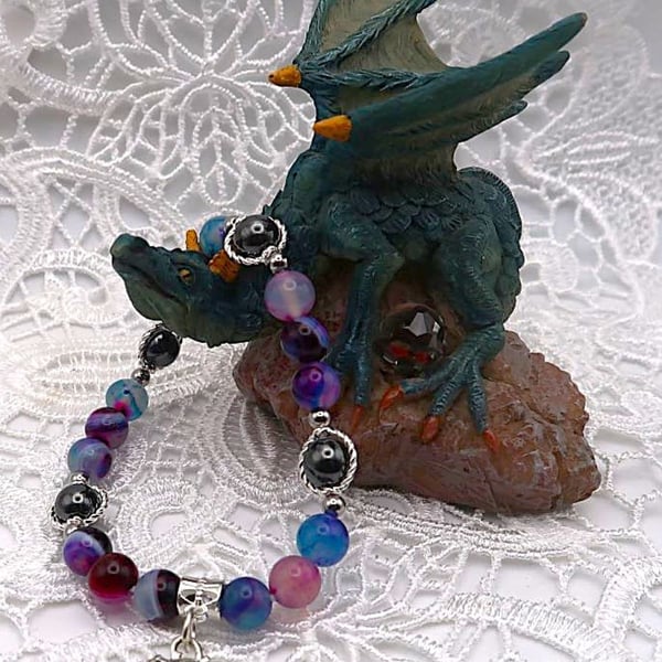 Agate and Haematite Stretch Bracelet with a Pretty Teapot Charm. Free UK Postage