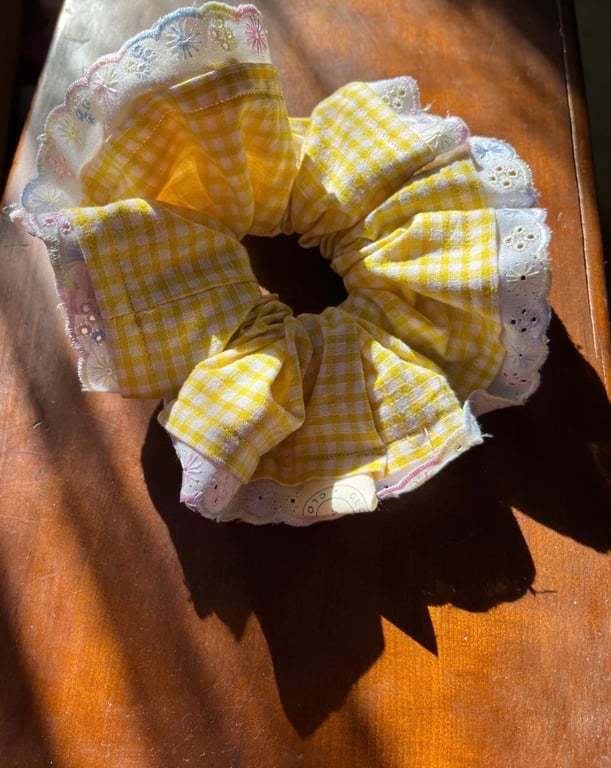 Oversized Bright Yellow Gingham Scrunchie with Lace Trim