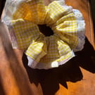 Oversized Bright Yellow Gingham Scrunchie with Lace Trim