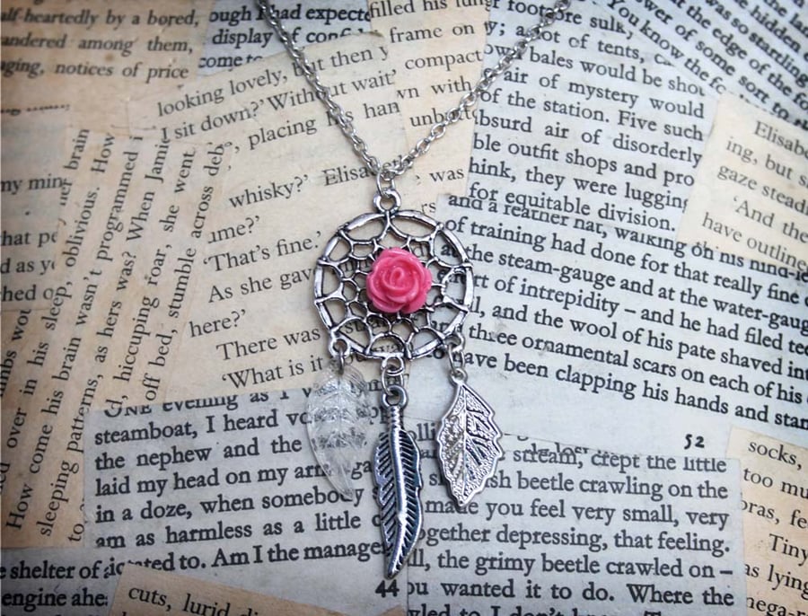 Dreamcatcher Rose Feather Leaf Charm Necklace