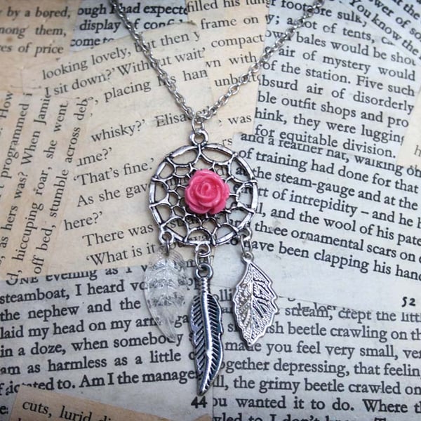 Dreamcatcher Rose Feather Leaf Charm Necklace