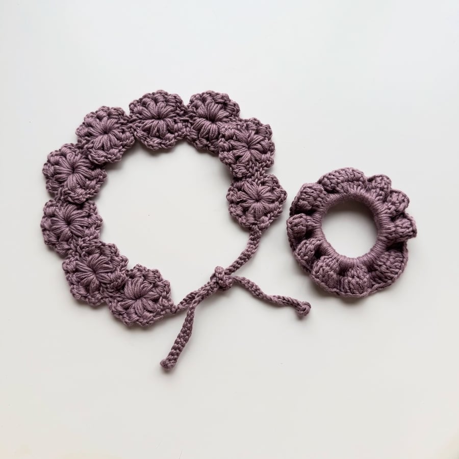 Floral Crochet Headband & Scrunchie Set – Purple Silk Cotton Blend
