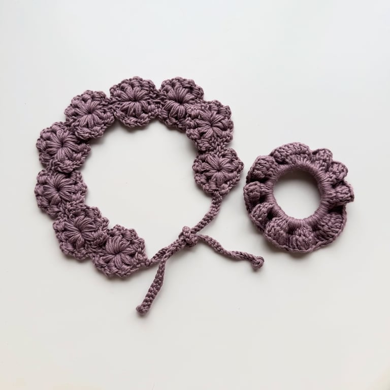 Floral Crochet Headband & Scrunchie Set – Purple Silk Cotton Blend