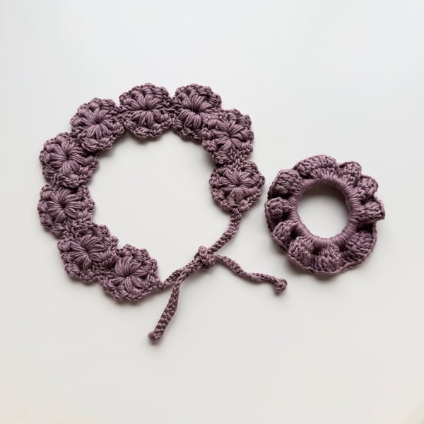 Floral Crochet Headband & Scrunchie Set – Purple Silk Cotton Blend