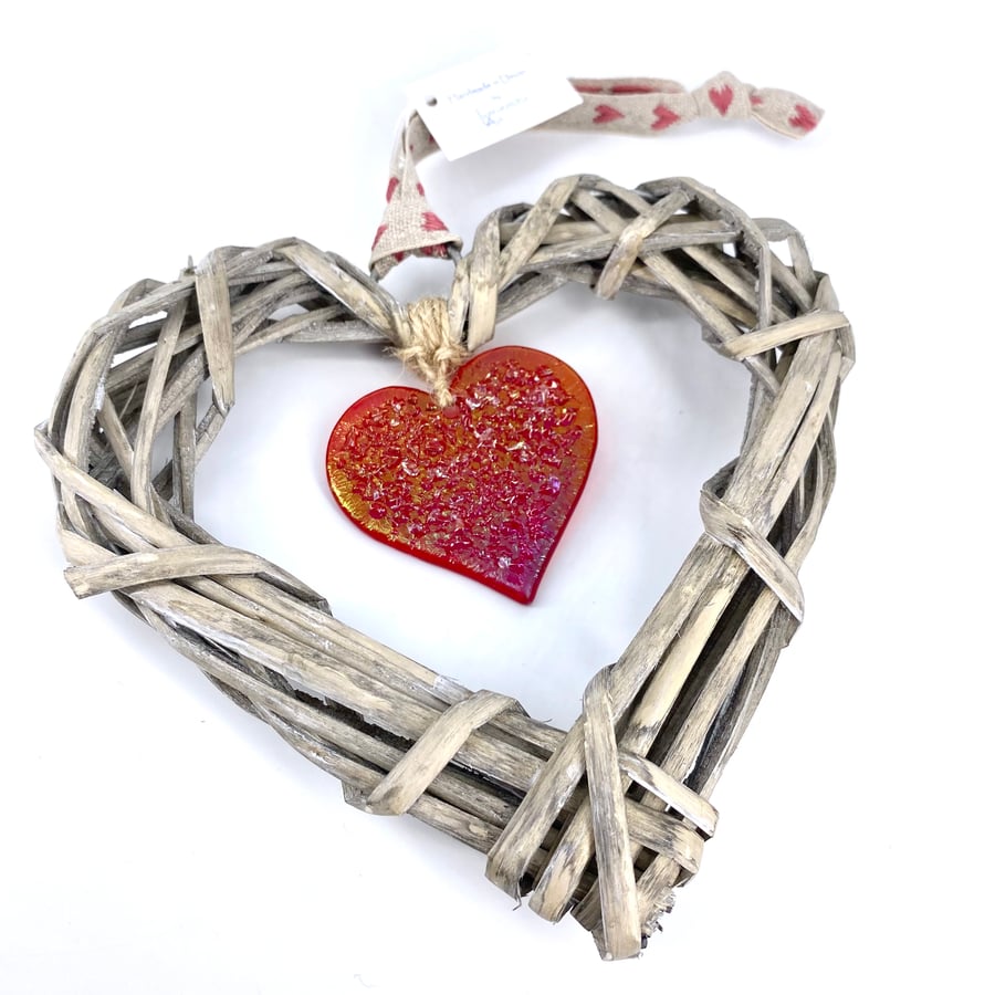 Fused Glass & Wicker Hanging Heart -  Iridescent Red