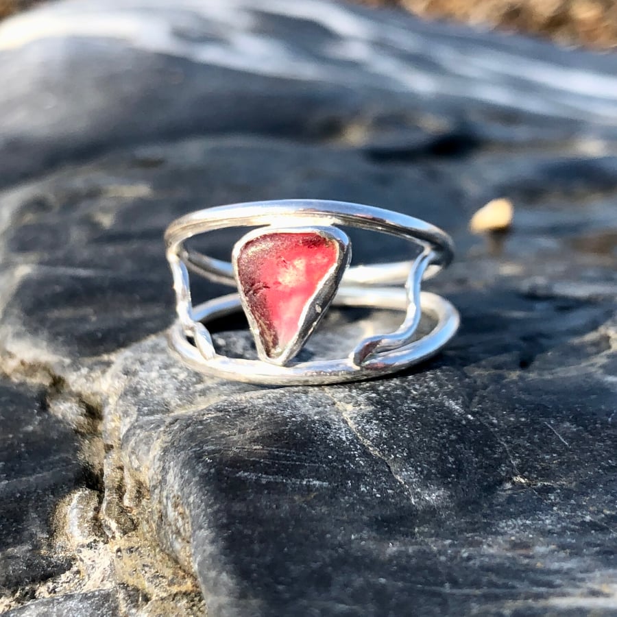 Rare Pink Double Band Sea Glass and Sterling Silver Ring- Size N - 1247