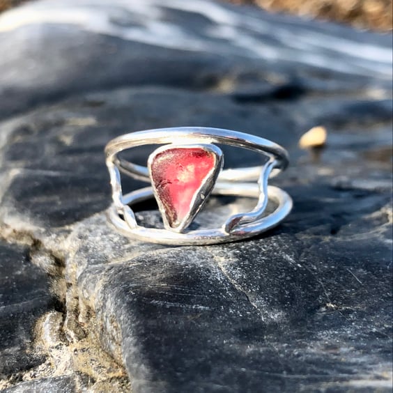 Rare Pink Double Band Sea Glass and Sterling Silver Ring- Size N - 1247