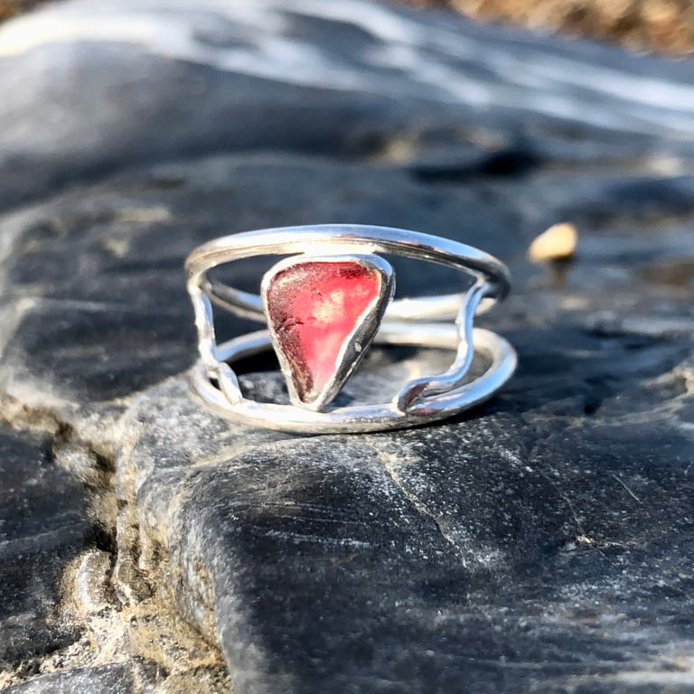 Rare Pink Double Band Sea Glass and Sterling Silver Ring- Size N - 1247