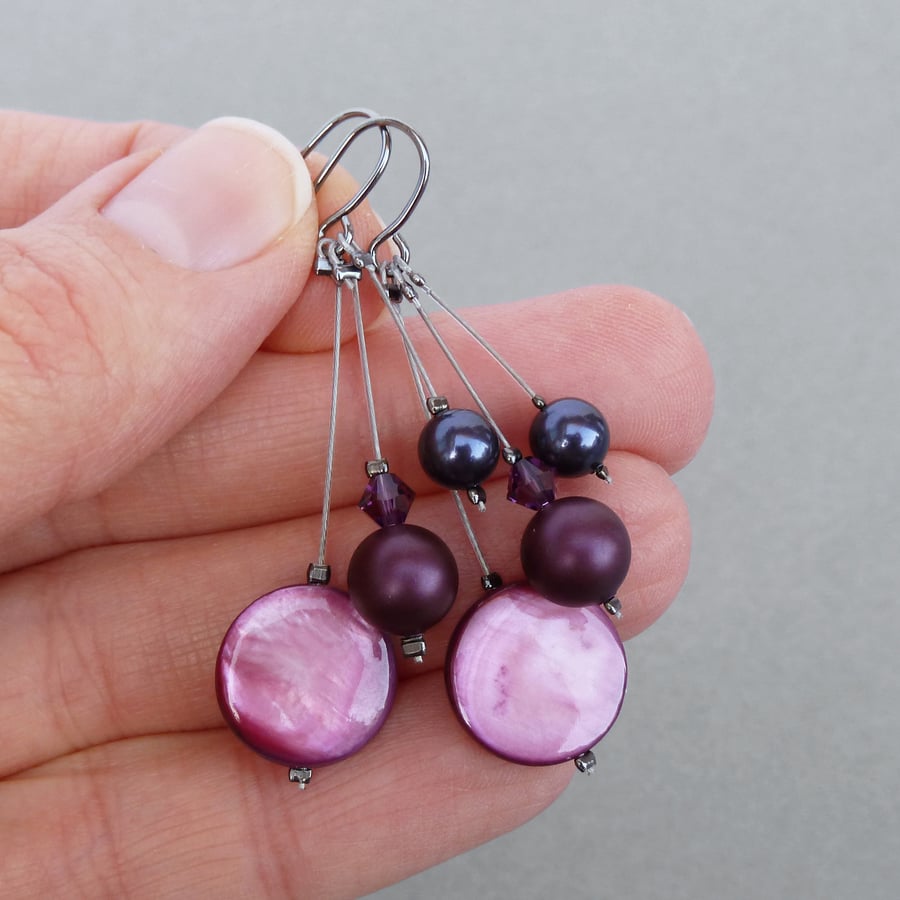 Plum Pearl Three Strand Drop Earrings - Berry Dangle Earrings - Colourful Gifts 