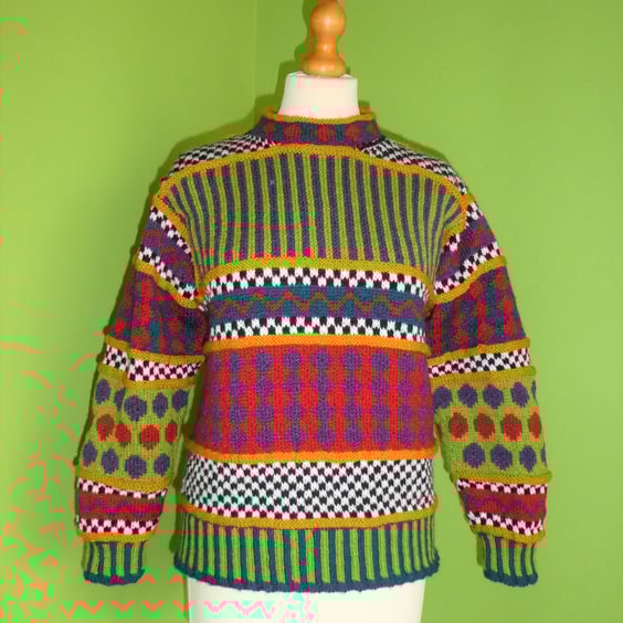 Handknit Jumper in Multicolours. Set in Sleeves Jumper in DK Yarn.  39inch Chest