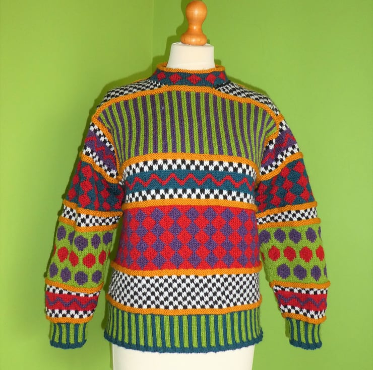 Handknit Jumper in Multicolours. Set in Sleeves - Folksy Handknit Jumper in Multicolours. Set in Sleeves - Folksy