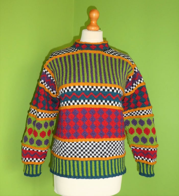 Handknit Jumper in Multicolours. Set in Sleeves Jumper in DK Yarn.  39inch Chest