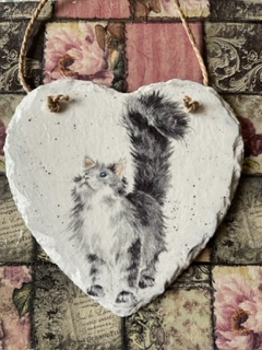 Cat Slate Heart, Large Cat Plaque, Cat Gift, country Home Wall Hanging, Wall Art