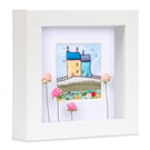 Little fabric houses picture with paper roses, framed wall art