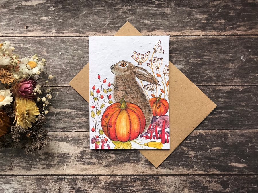 Plantable Seed Paper Card, Blank Inside, Hare greeting card, Hares, Halloween