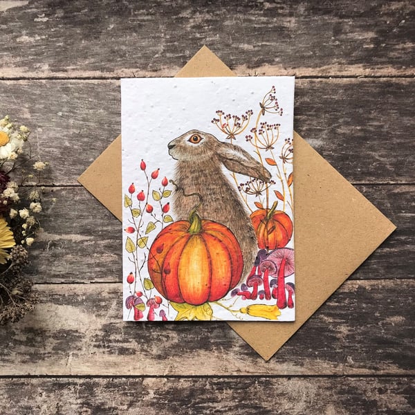 Plantable Seed Paper Card, Blank Inside, Hare greeting card, Hares, Halloween