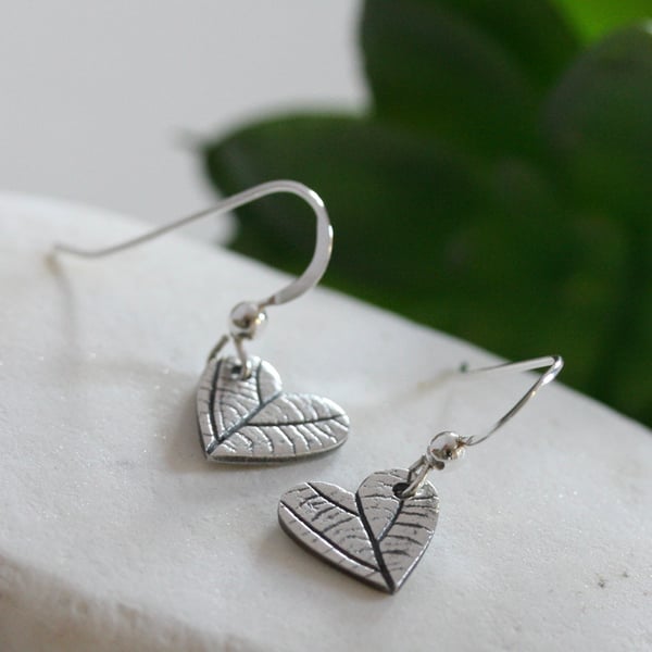 Small Heart Leaf Print Earrings, Silver Earrings, Dark Finish