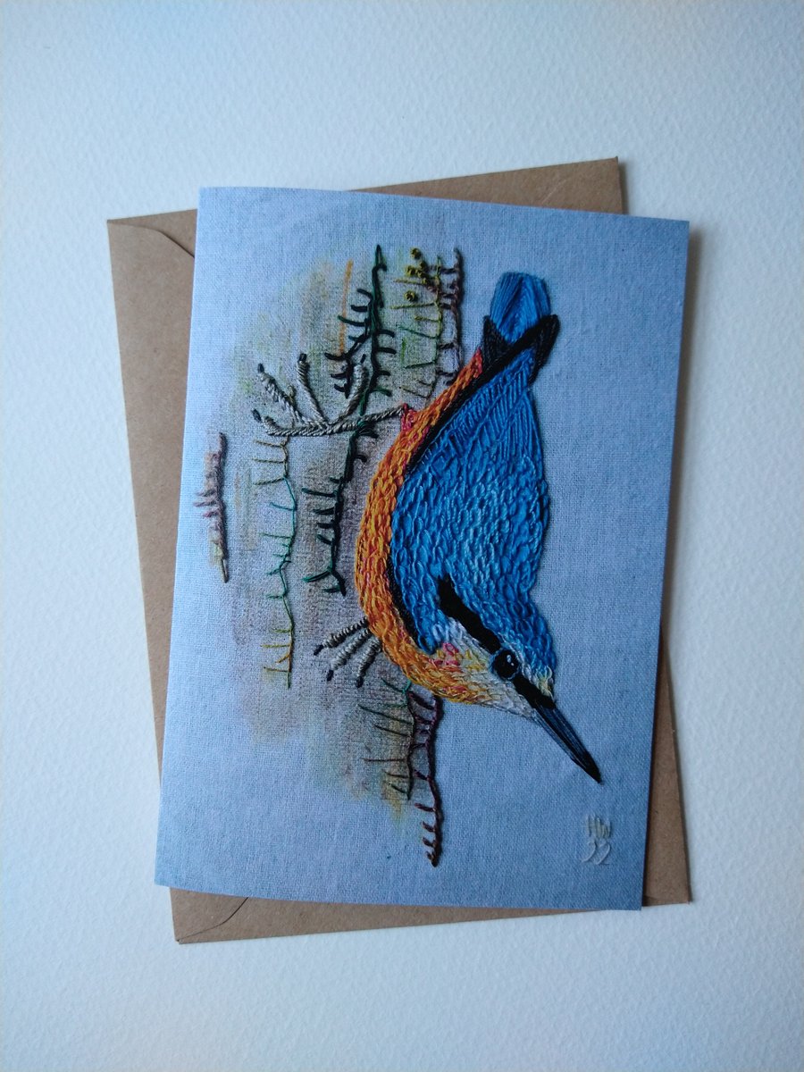 Nuthatch Hand Embroidered Portrait Greetings Card