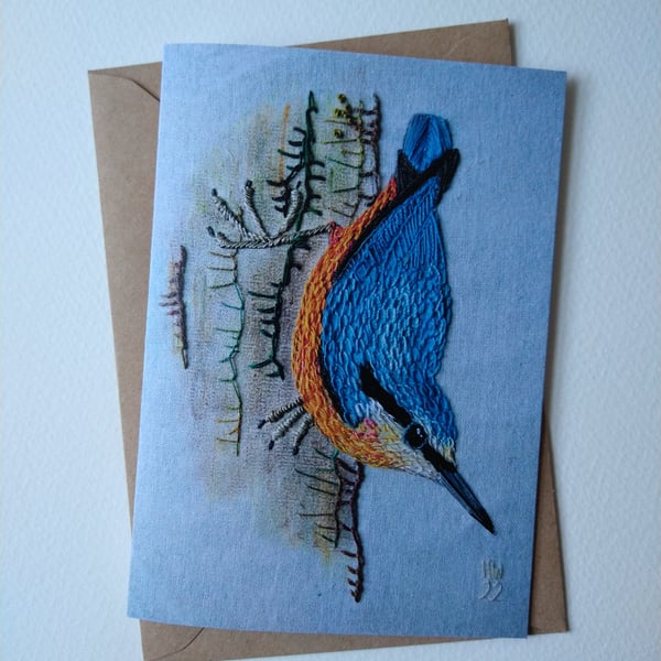 Nuthatch Hand Embroidered Portrait Greetings Card