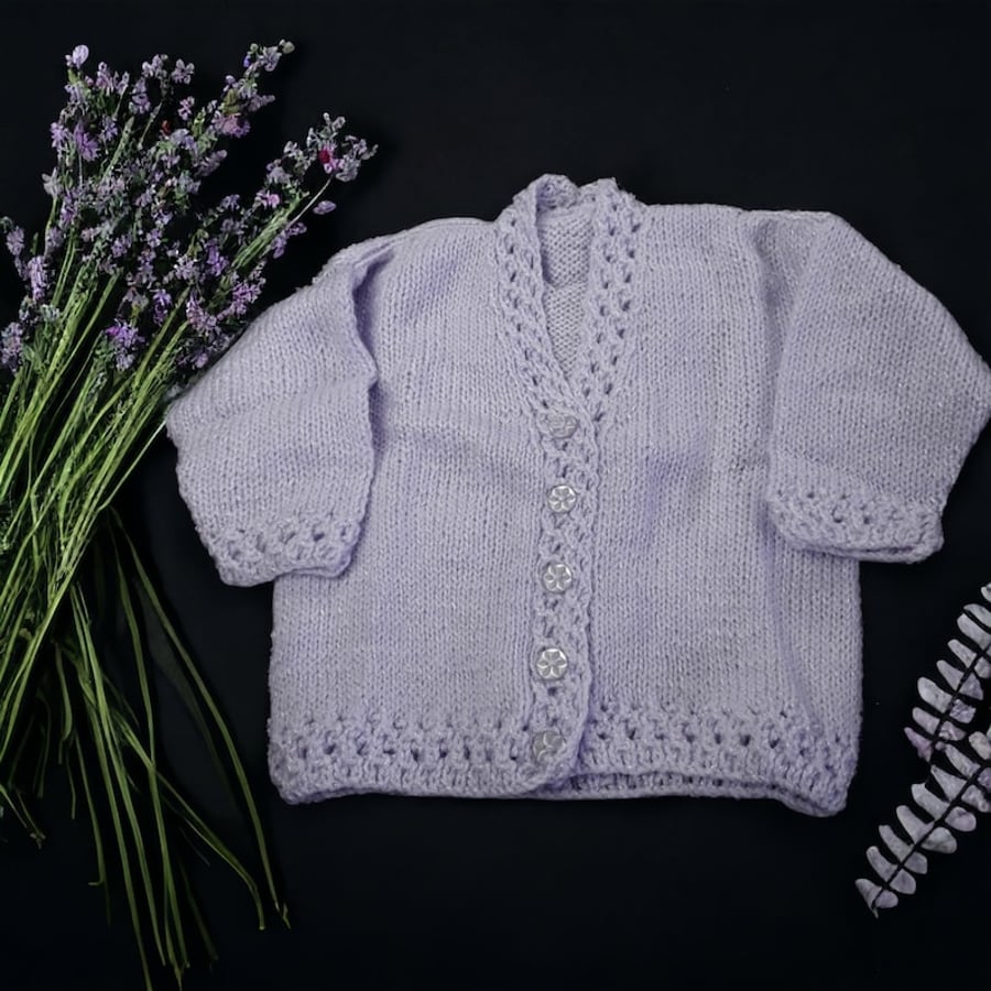 Baby cardigan hand knitted sparkly lilac yarn 6 - 12 months Seconds Sunday