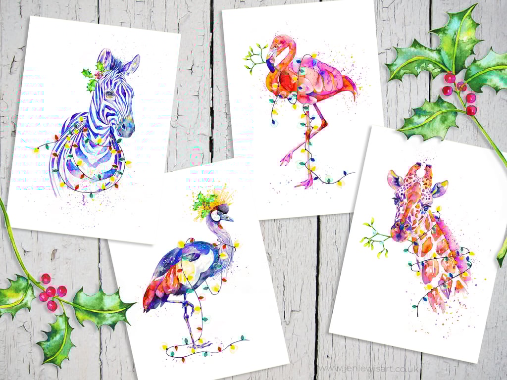 Exotic Animal Christmas Cards, zebra, flamingo, giraffe, crane, set of 4