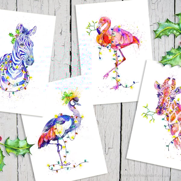 Exotic Animal Christmas Cards, zebra, flamingo, giraffe, crane, set of 4