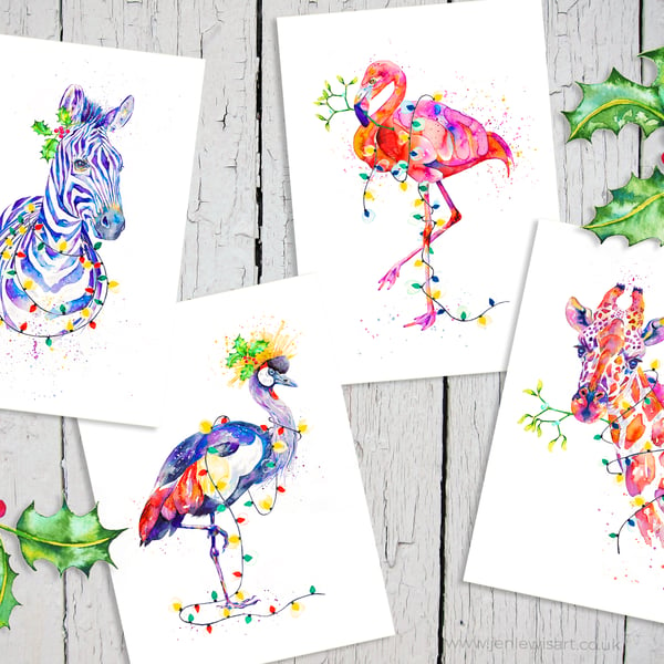 Exotic Animal Christmas Cards, zebra, flamingo, giraffe, crane, set of 4