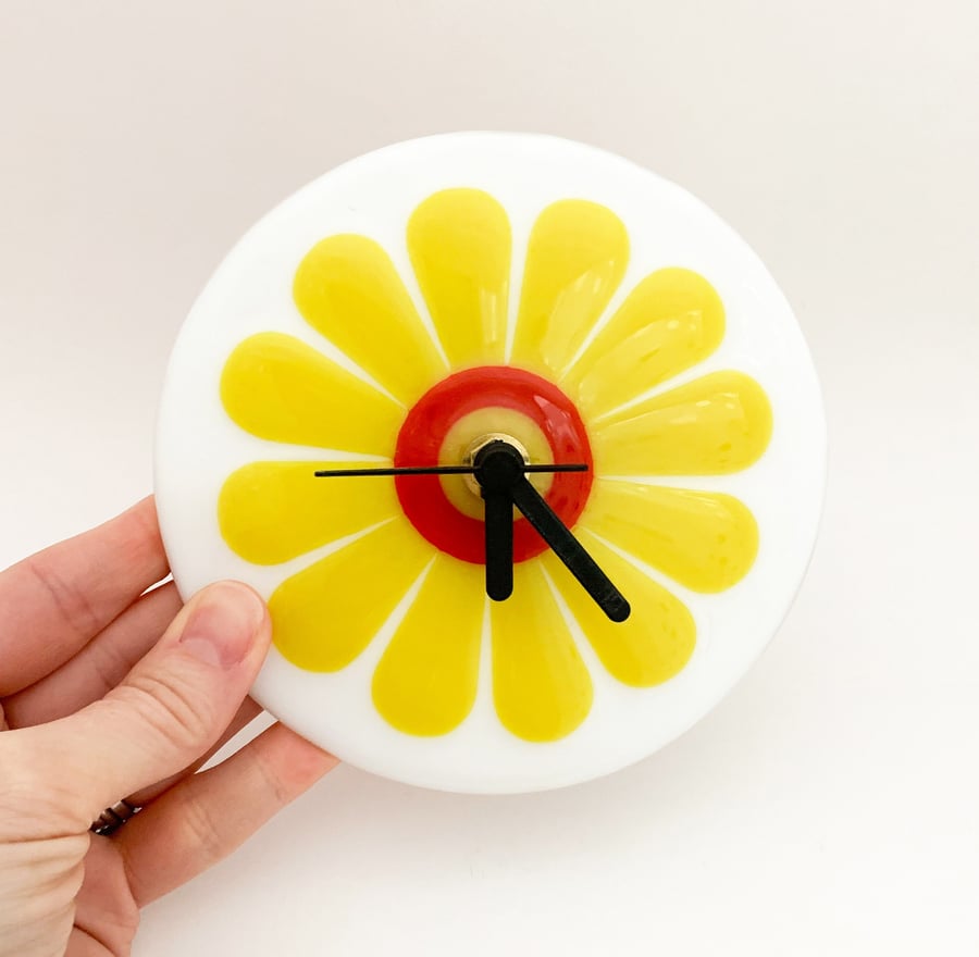 Fused Glass Retro Yellow Daisy Wall Clock - Handmade Fused Glass Clock