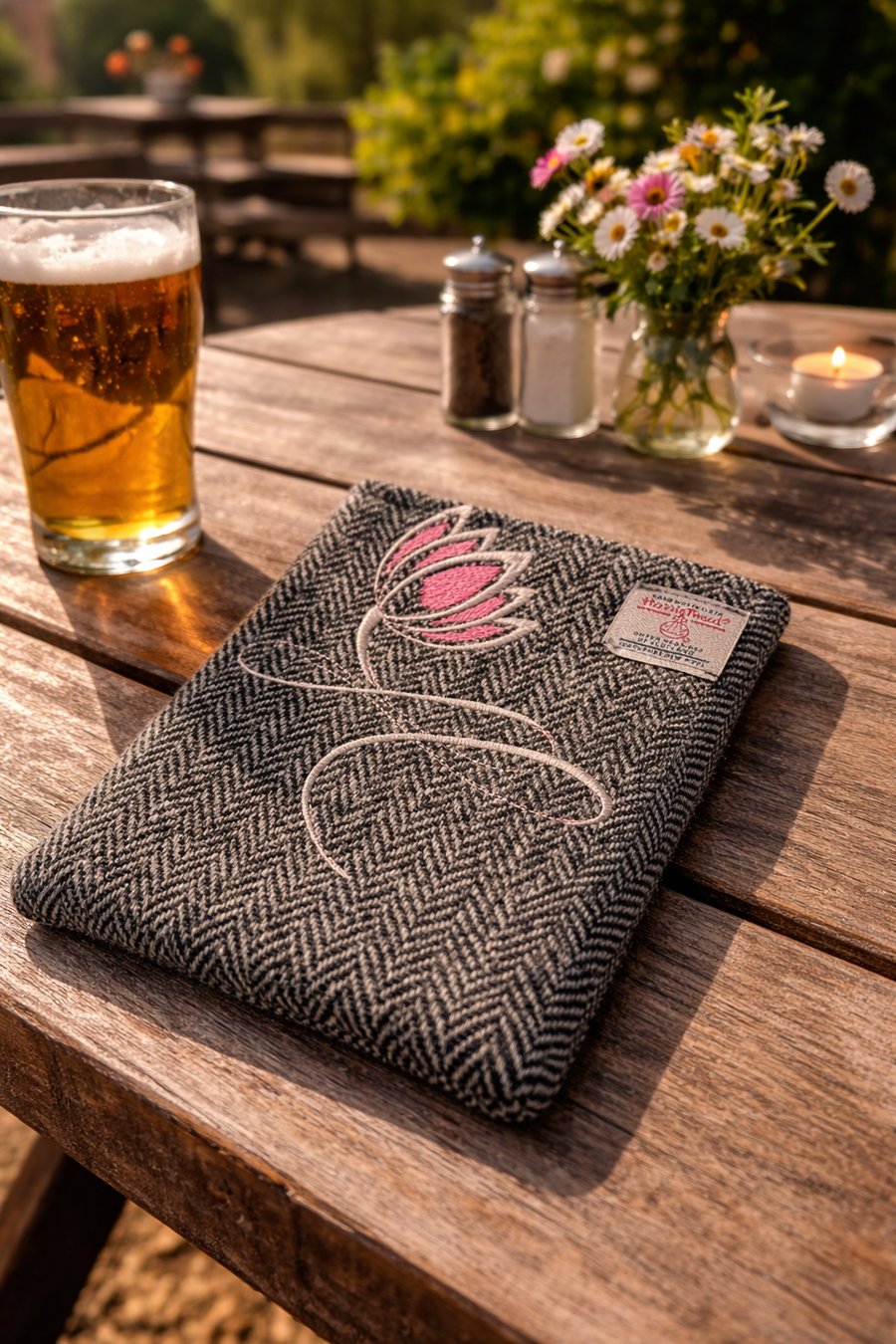 Small Table or Large iPhone Sleeve in Harris Tweed with Embroidery