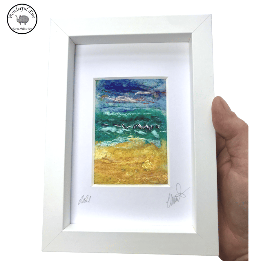 Mini seascape beach wet felt needle felt fibre art embroidery felt painting