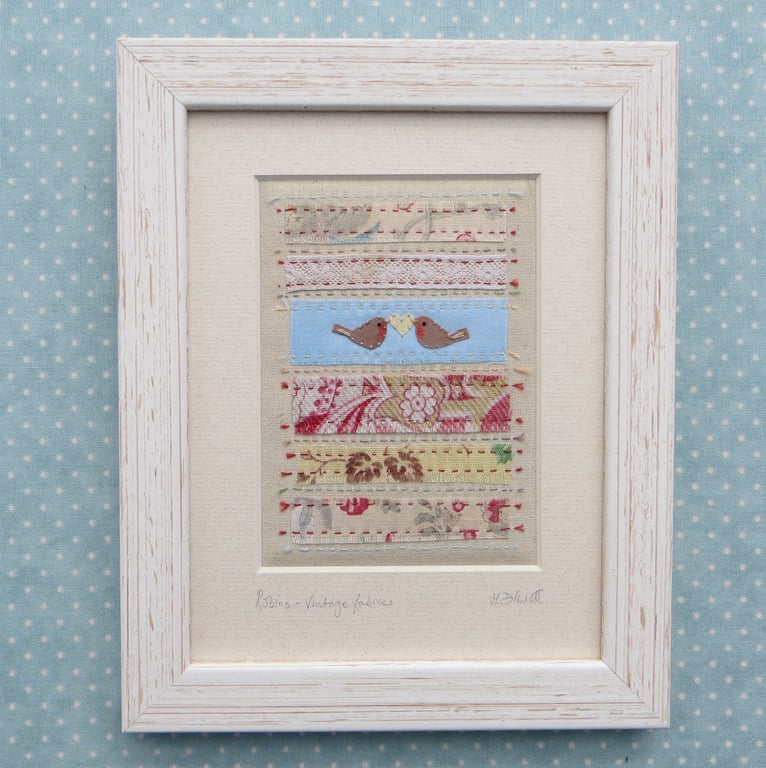 Robins - vintage fabrics, handstitched miniature, romantic gift to last forever!