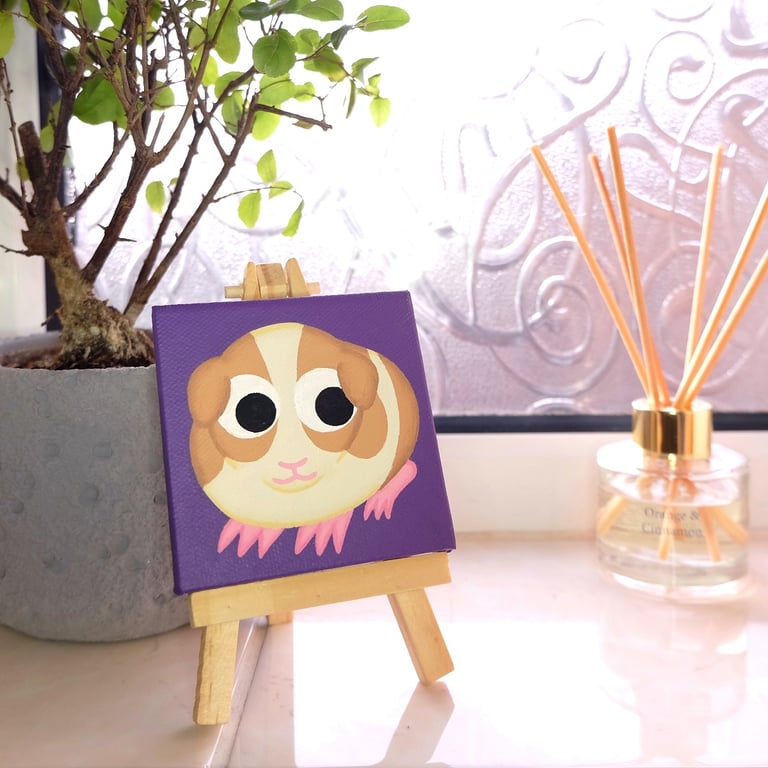 Guinea Pig Miniature Acrylic Painting - cute pet art on mini purple canvas