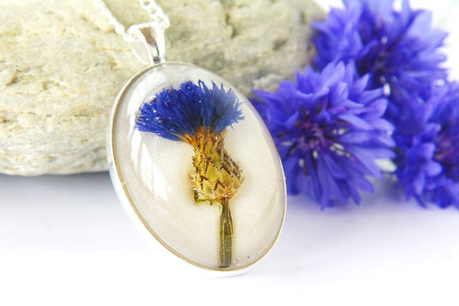 cornflower necklace, real flower pendant, pressed flowers resin jewellery 