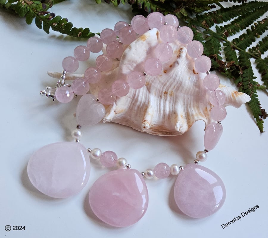 Designer Natural Rose Quartz & Freshwater Culture Pearl Necklace 
