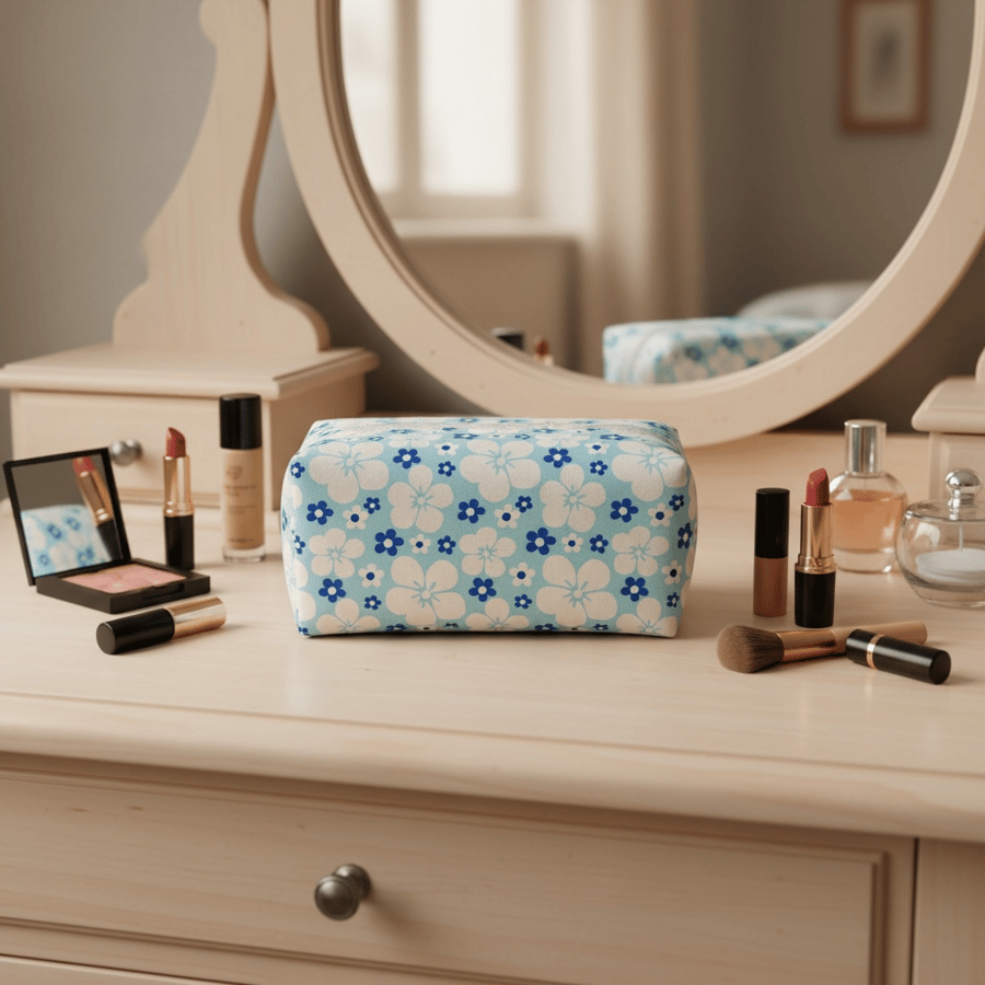 Large Boxy Makeup Bag in Bright, Bold Blues.