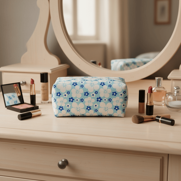 Large Boxy Makeup Bag in Bright, Bold Blues.