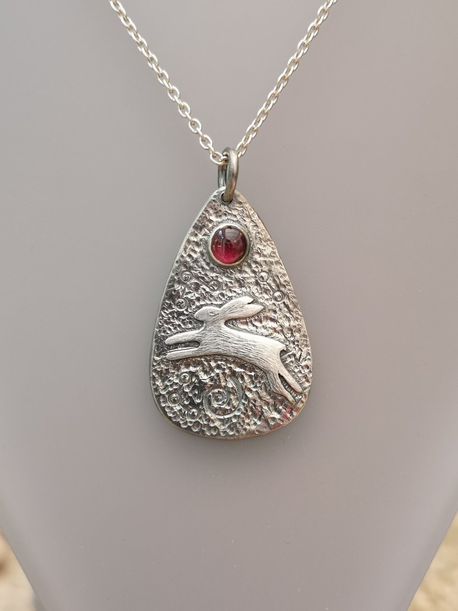 Leaping Hare Pendant with garnet