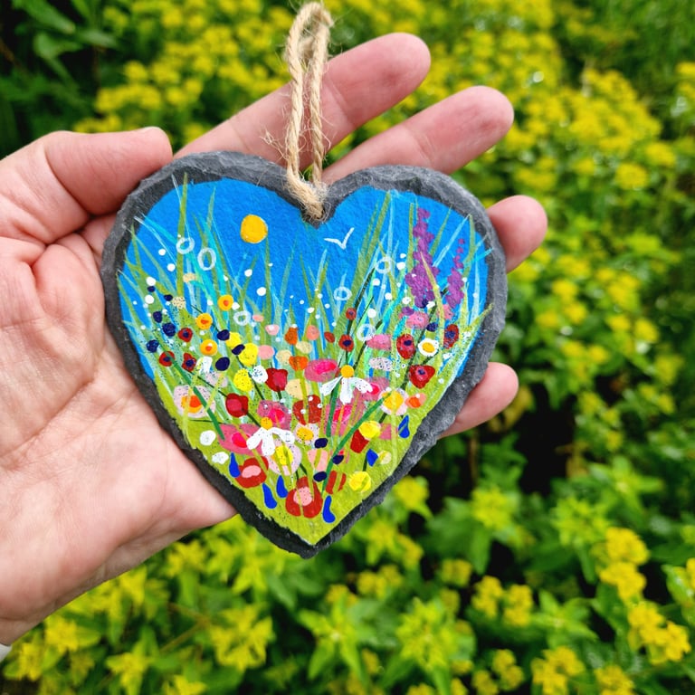 Floral Hand-painted Slate Heart Hanger by Jackie Reynolds