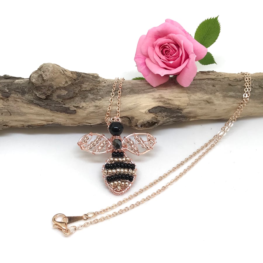 Bee Pendant, Rose Gold Plated, Wire Wrapped